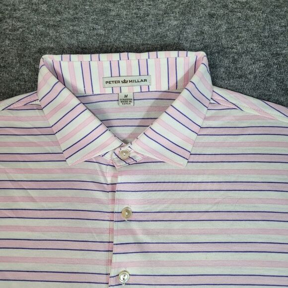 Vtg Peter Millar Mens Golf Polo Shirt Size M Pink Purple Striped Short Sleeve - Picture 4 of 9